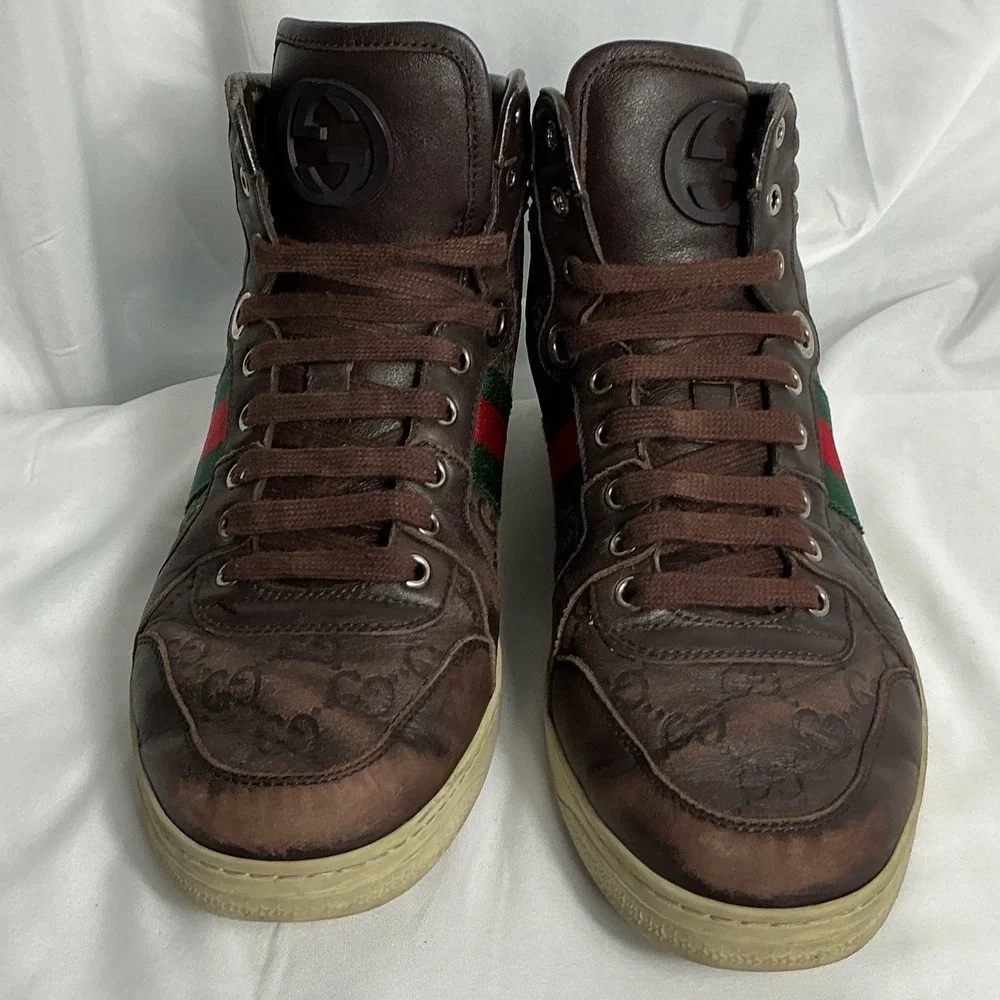 Gucci Brown GG Supreme Monogram Web Stripe High Top Sneakers 221825 Size 4.5G